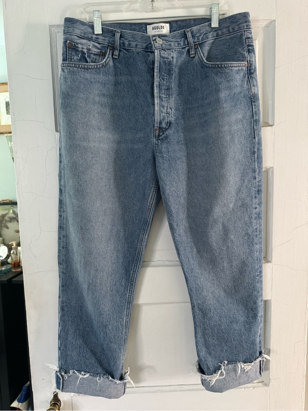Agolde Light Blue Boyfriend Jeans with Rolled Frayed Cuffs
